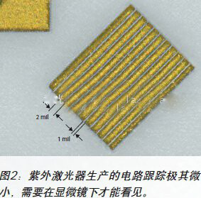 圖2:紫外激光器生產的電路跟蹤極其微小,需要在顯微鏡下才能看見
