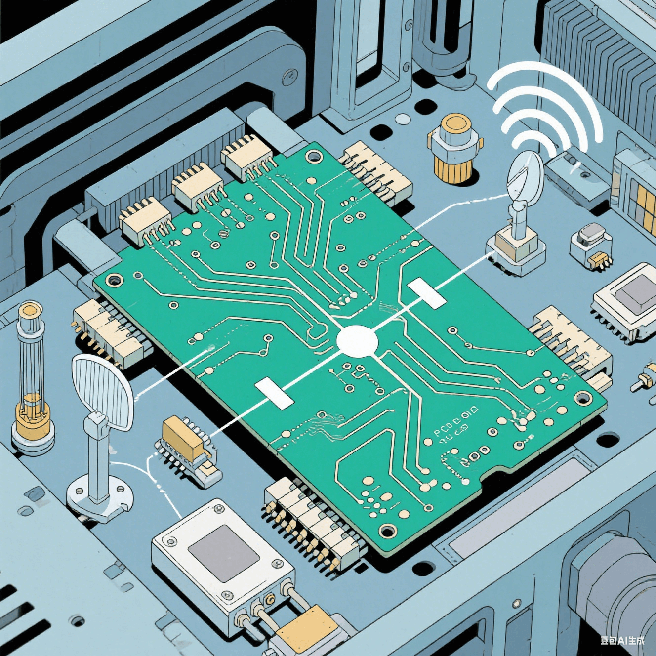 高頻通信設(shè)備中 PCB 陶瓷電路板的工作示意圖，顯示電路板上的高頻信號傳輸路徑，周圍有微波器件、天線等元件