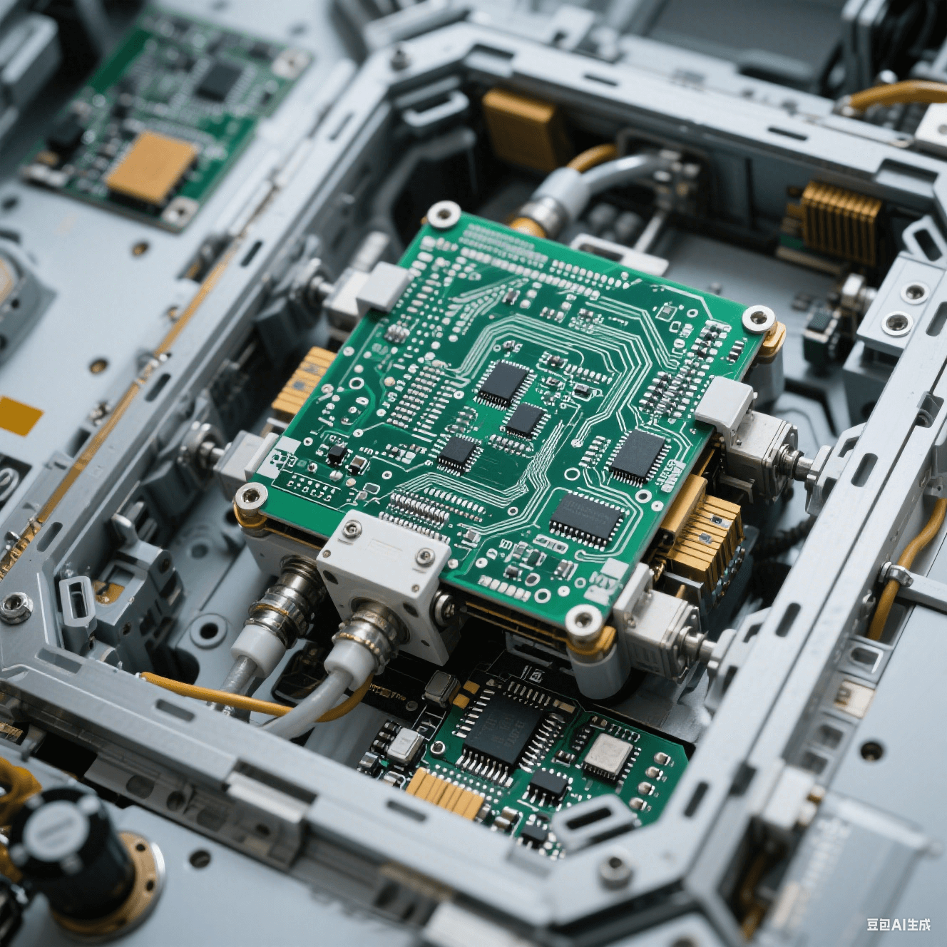 航空航天領(lǐng)域中使用的 PCB 陶瓷電路板圖片，展示其在衛(wèi)星星載電子設(shè)備中的安裝方式